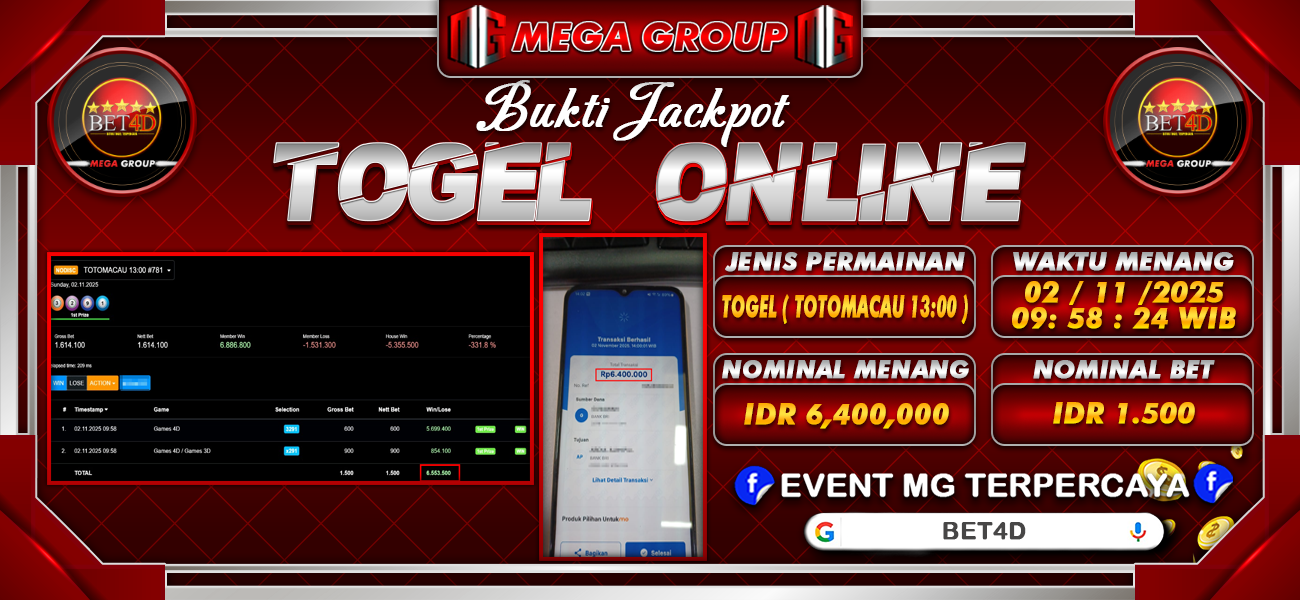 Bukti JP situs Bet4D hari Minggu, 02 November 2025