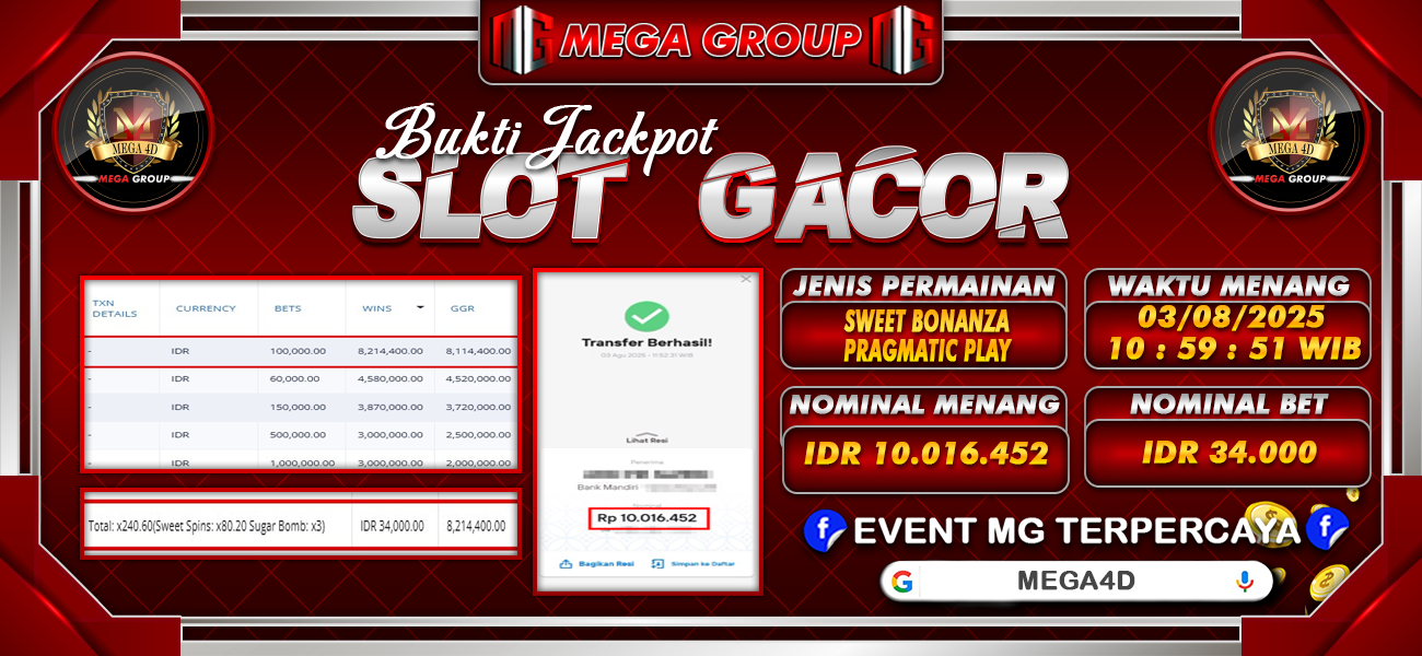 Bukti JP situs Mega4D hari Minggu, 03 Agustus 2025