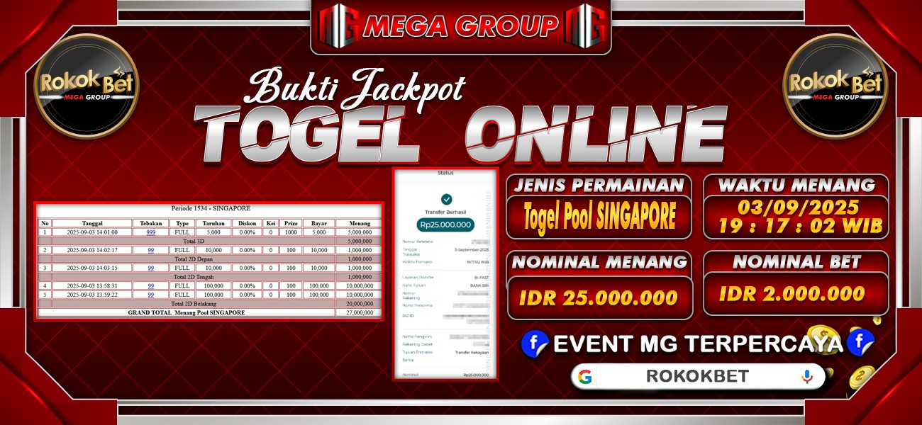 Bukti JP situs Rokokbet hari Rabu, 03 September 2025