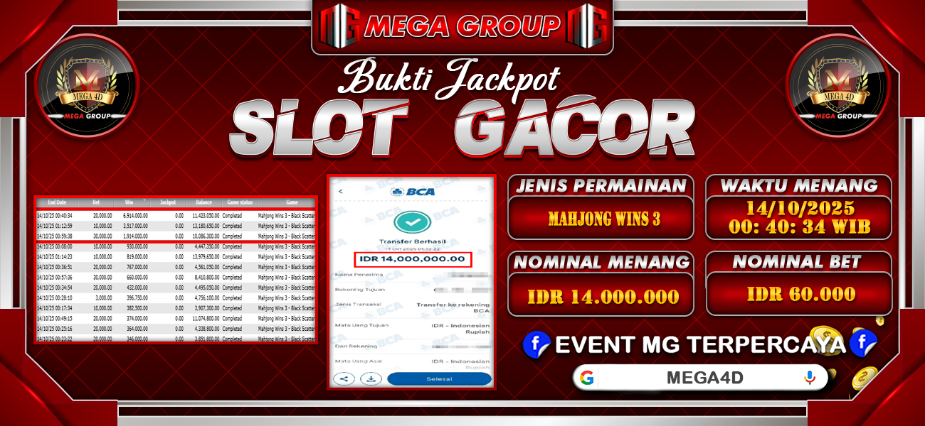 Bukti JP situs Mega4D hari Selasa, 14 Oktober 2025