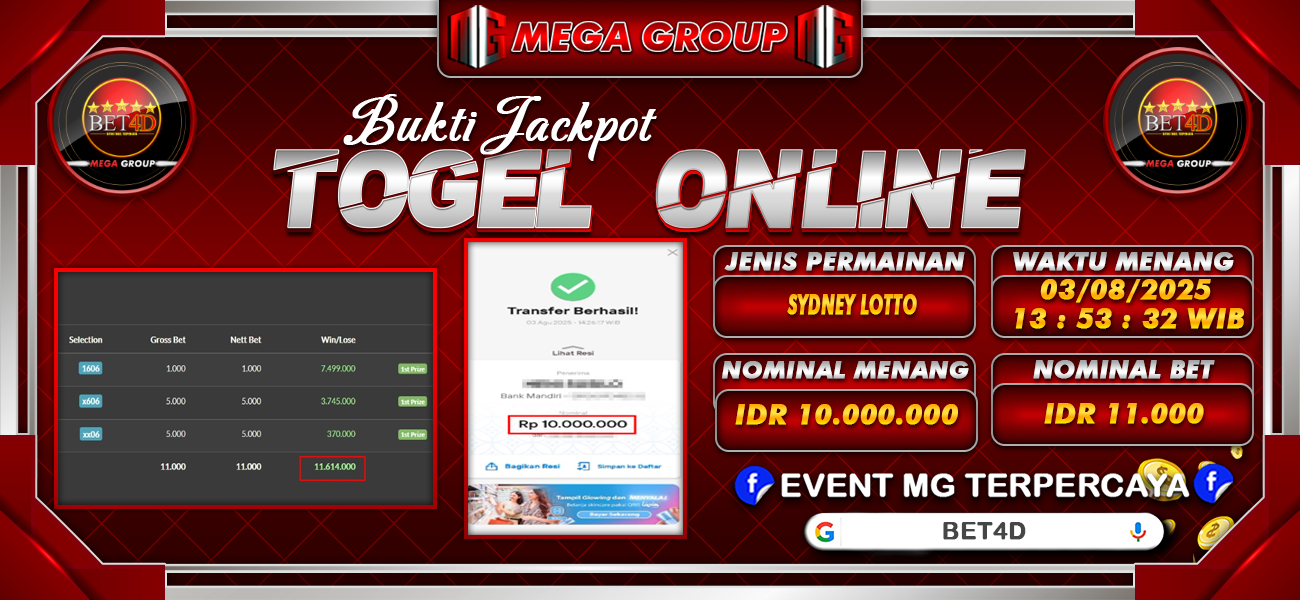 Bukti JP situs Bet4D hari Minggu, 03 Agustus 2025